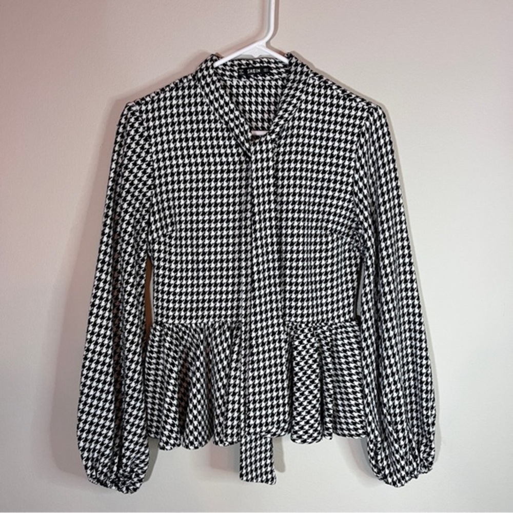 Black White Houndstooth Peplum Top